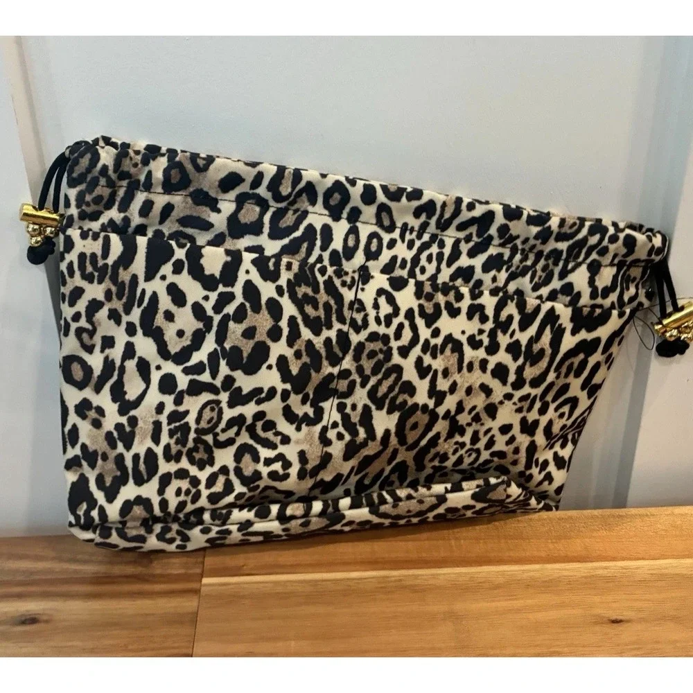 Chico's Leopard Print Travel Cosmetic Makeup Organizer Drawstring Zip Bag Tote